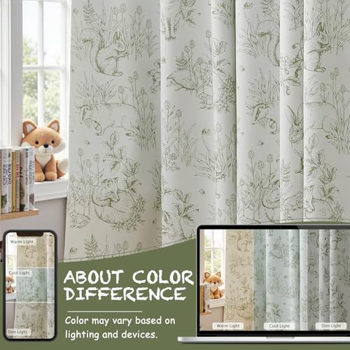 jinchan Green Blackout Curtains W38xL63 Woodland Back Tab 2 Panels - color: Sage Green on Beige, size: 38"W x 63"L (Pack of 2)
