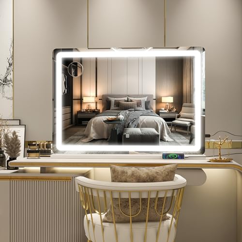 ROLOVE Vanity Mirror with Lights, 32" x 22" Large Lighted Vanity Mirror with Dimmable 3 Modes, LED Makeup Mirror, Touch Screen Control, USB Charging Port, Tabletop or Wall-Mounted - color: White, size: 32"L x 22"W