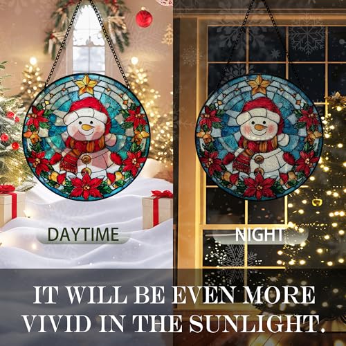 Snowman Christmas Suncatcher Stained Glass Garden Window Hanging, Winter Snowman Xmas Flower Sun Catchers Indoor Window Glass Round Wall Decor, Christmas Wall Art Hanging Decorations, 7.8"x7.8" - color: Christmas_4