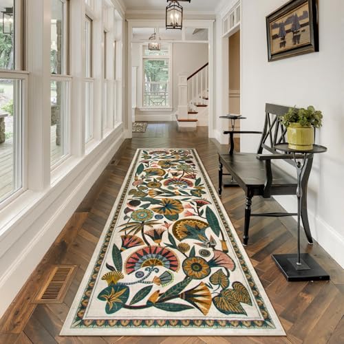 Zealude Egypt Floral Washable Bathroom Runner Rug for Kitchen Floor,2x8 Boho Rug Runners for Hallways Entryway,Vintage Non Slip Soft Throw Carpet for Laundry Room Entrance (Beige,2'6''x8') - color: Beige, size: 2'6'' x 8'(Runner)