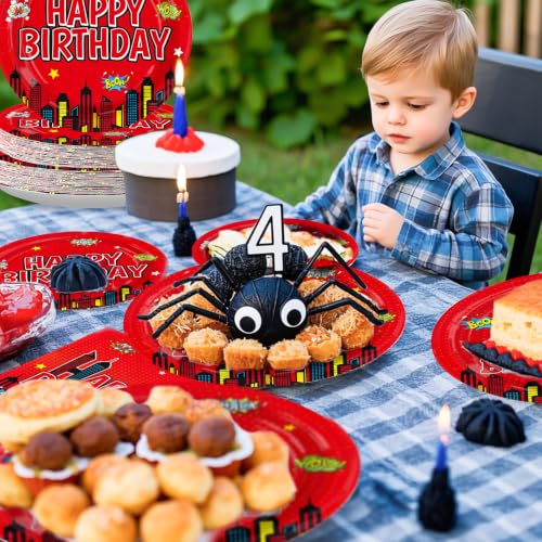 Grencian 96 Pcs Spider 4th Birthday Party Decorations, Serves 24 - style: Spider 4th Birthday Kit