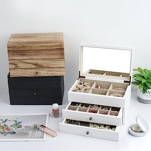 Meangood Jewelry Box Organizer for Women, 3 Layer Large Jewelry Storage Case, Rustic Wooden Jewelry Box with Mirror & Ring Tray for Necklace Earring Bracelets Rings, Vintage Style (White) - color: White, size: 2-Drawer