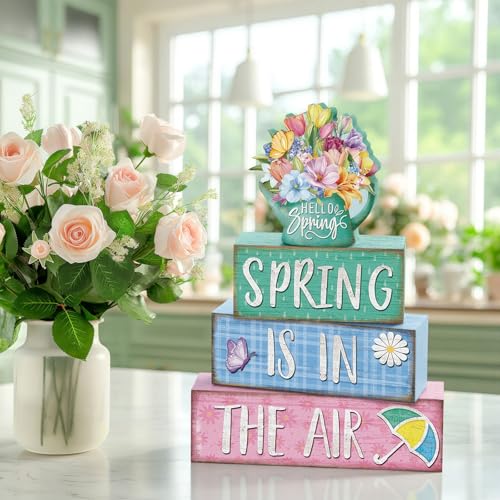 Yousoontic 4 Pcs Spring Wooden Table Signs Decorations Hello Spring Centerpiece Tabletop Decor Easter Rustic Farmhouse Vintage Tiered Tray Block Set Decor for Entryway Home Desk Room Gift - style: Spring