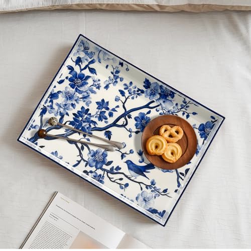 Serving Tray with Handles, 15.7 * 11.8 inches, Plastic Ottoman Tray with Exquisite Paintings, Trays for Coffee Table - color: Blue Sparrow
