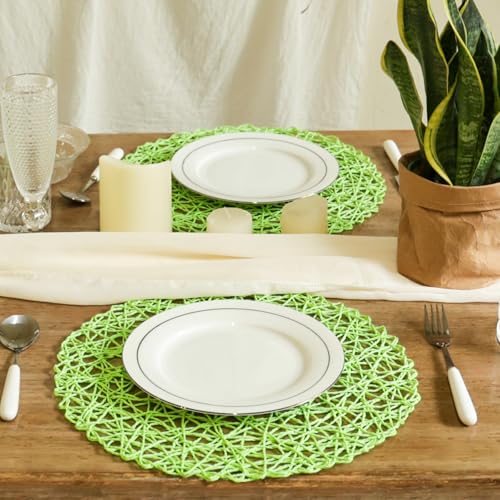 AHHFSMEI Paper Braided Round Placemats Set of 12 Natural Non-Slip Heat Resistant Table Mats for Dining Tables Woven Indoor Outdoor Place mats(Light Green,12) - color: Light Green