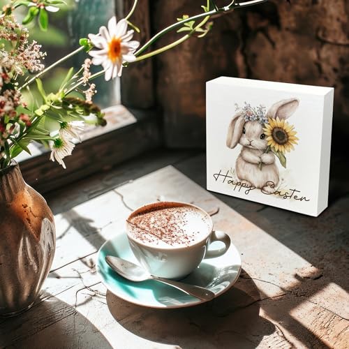 Easter Bunny Wooden Sign - Cute Bunny Desk Decor, Easter Decorations, Happy Easter Spring Sun Flower Wooden Box Sign for Home Shelf Desk Table 5x5 Inch - color: Sun Flower