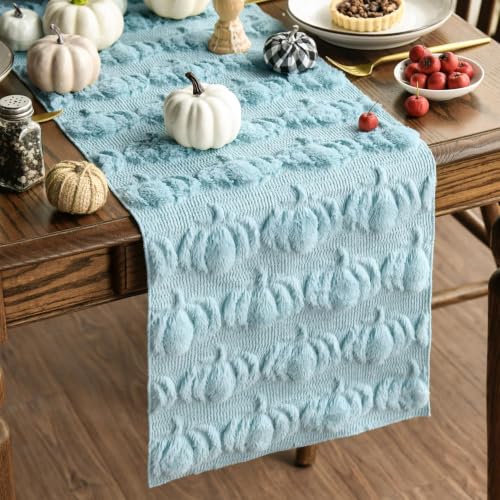 Artoid Mode Blue Soft Faux Fur Pumpkins Fall Table Runner 13x72 Inch - color: Blue, size: 13" x 72", Table Runner