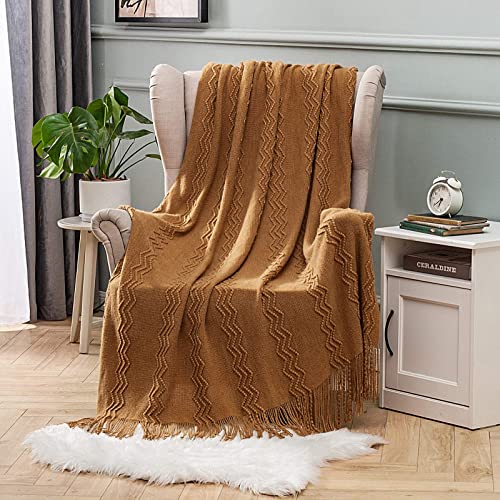 MIULEE Brown Knitted Boho Throw Blanket for Couch 50"x60" - color: Brown, size: 50" x 60"