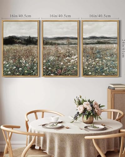 SHENIFY Vintage Landscape Framed Wall Art Meadow Flowers Farmhouse Decor Retro Classic Painting for Hallway Living Room Bedroom Dining Room - 16x24in3pcs Natural Framed - color: Natural, size: 24L" x 16W" x 3PCS