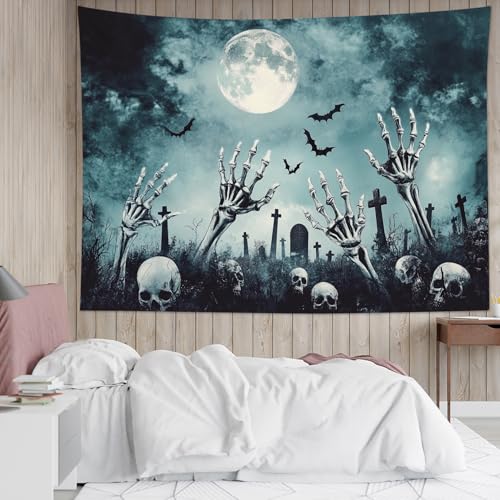 HVEST Black Halloween Tapestry Wall Hanging Scary Skeleton and Horror Tombstone in Cemetery Wall Art Spooky Bat and Misty Full Moon Tapestry for Bedroom Living Room Dorm Wall Decor, 40L X 60W inches - color: Black White, size: 40"L x 60"W