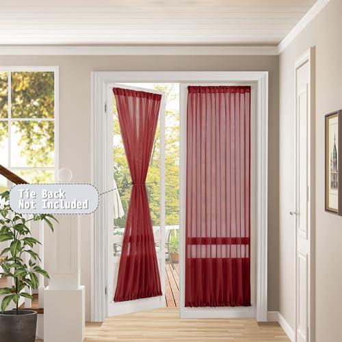 Tollpiz Sheer Door Curtains Closet Linen Textured Curtains Sheer Doorway Light Filtering Voile French Doors Rod Pocket Curtain Patio Glass Door, 25 x 72 inches Long, Burgundy Red, 1 Panel - color: Burgundy Red, size: 25"W x 72"L (Pack of 1)