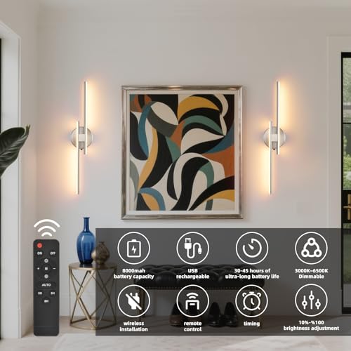 Battery Operated Wall Sconce Set of 2, Brushed Nickel 23.6" 3000K-6500K Dimmable Wall Sconces with Remote Control, Wireless Wall Light Rechargeable for Bedroom Hallway Living Room Background - color: Brushed Nickel, size: 23.6" 2-Pack