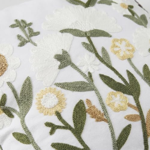 Neutral Daisy Floral Embroidered Pillow Covers 18x18 Set of 2 - color: White Green Camel, size: 18" x 18" (Pack of 2)