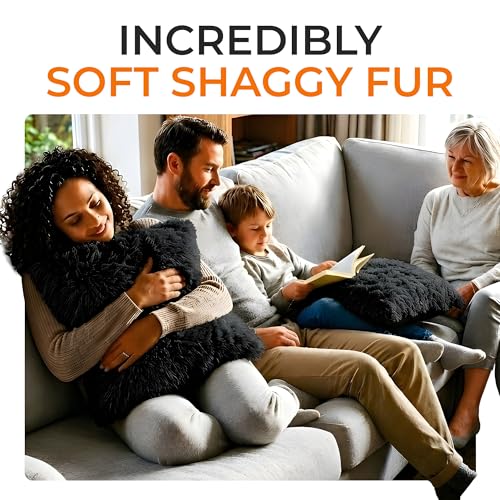 Cheer Collection Throw Pillows for Couch and Bed, Soft Shaggy Throw Pillows with Inserts Included, Cozy Long Hair Faux Fur Pillows - Set of 2-18" x 18" - Black - color: Black, size: 18 x 18-Inch