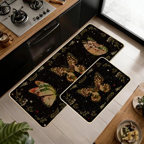 Butterfly Spring Kitchen Mats for Floor,Black Kitchen Rug Set of 2 Washable Floor Mats Non Slip Rubber Rugs Runner Comfort Standing Mat, Butterflies Print Rugs Runners for Sink,Desk,17x29+17x47 inch - color: Beige Green