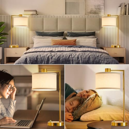 Gold Table Lamp Set of 2, Dimmable Bedside Lamps for Night Stands, USB A+C - color: Gold