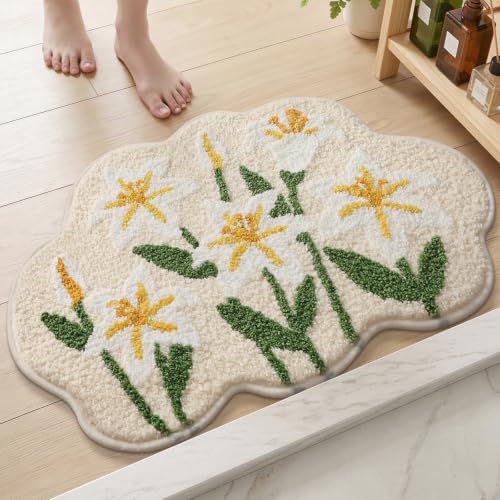 Cloud-Shaped Lily Bath Mat, Soft Non-Slip Fluffy Fresh Flowers Bathroom Rug, Ultra Absorbent Microfiber Shaggy Door Mat, Machine Washable Bath Rug Carpet for Bathtub Bedroom 20x31 Inch (White Lily) - color: White Lily