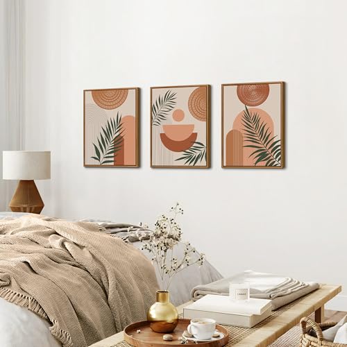 3 Pcs Terracotta Botanical Framed Canvas Wall Art Prints Abstract 12"x16" - color: Boho Terracotta Geometric Line Botanical, size: 12"x16"x3Pcs