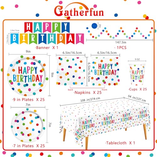 Happy Birthday Decorations: Happy Birthday Party Supplies Set with Birthday Dots Design- Includes Disposable Paper Birthday Plates and Napkins, Cups, Tablecloth, and Banner for decorations, Serves 25. - color: Multicolor
