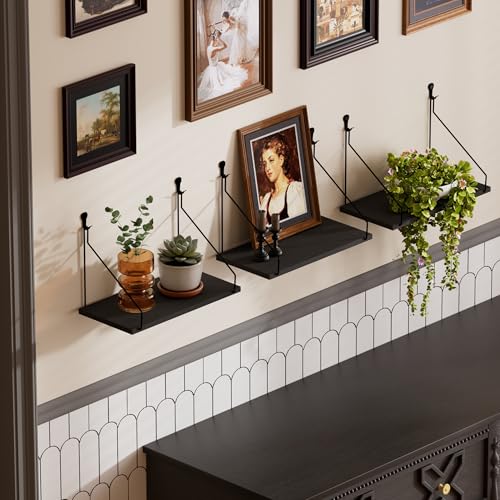 QsQueen Floating Shelves for Wall, Rustic Wood Shelf,11.8 Inch, No Drill - color: Black