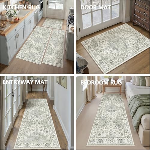 Washable Neutral Green Kitchen Runner Rug Set of 3 - color: Neutral | Green, size: 20"x32"+20"x48"+30"x50"