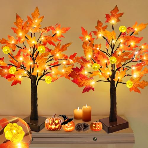 TURNMEON Fall Decor 2 Pack 24 Inch Prelit Fall Maple Tree 48 LEDs Timer - size: 2Pack 24 Inch