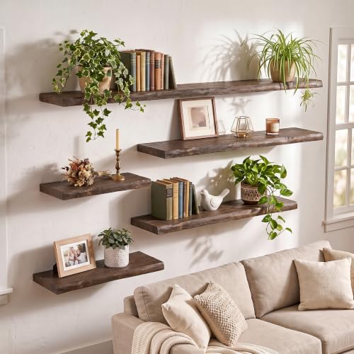 24in Live Edge Solid Elm Floating Shelves, Walnut, Set of 2 - color: Walut Color, size: Live Edge 24 inch, 2Packs