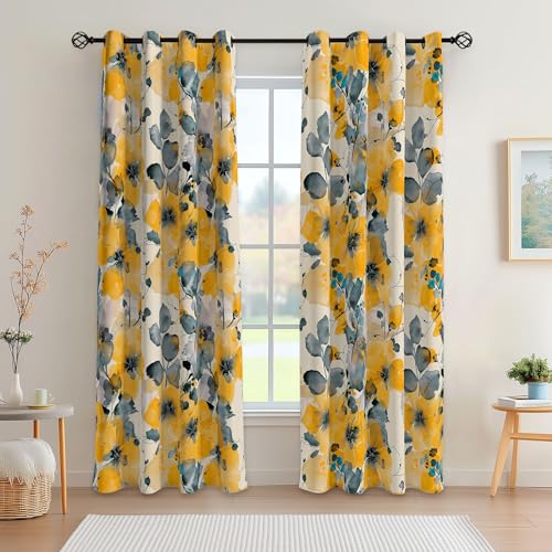 weesire Floral Blackout Curtains for Bedroom Living Room 2 Panels 100% Boho Blackout Curtains Yellow Flower Pattern Curtains Abstract Curtains Rustic Farmhouse Curtains, 52x96 Inches - color: Yellow Floral, size: 52"W x 96"L (Pack of 2)