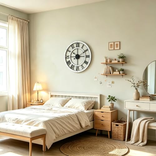 24 Inch Large Rustic Wall Clock Silent Non-Ticking Wooden Wall Clocks with Roman Numerals Farmhouse Decorative Clock for Living Room Bedroom Office (White) - color: White, size: 24 Inch