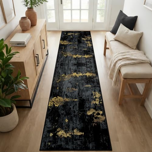 RELEANY Washable Runner 2'6"x10' Abstract Area Rug for Hallway Black Gold - color: Black/Gold, size: 2'6" x 10' (Runner)