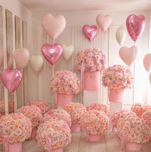 Pink White Heart Foil Balloons,12Pcs 18Inch Heart Shaped Balloons - color: Pink Cream