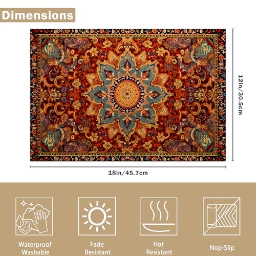 Linen Placemats Set of 6, Fall Boho Carpet Orange Brown Washable Table Mats 12x18 Inch, Heat Resistant Non Slip Placemats for Dining Table Kitchen Everyday Use - color: Fall Boho Carpet Orange Brown