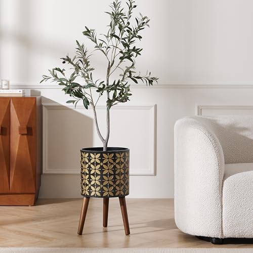 10 Inch Plant Pot with Stand, Planter for Indoor Plant Mid-Century with Drainage Holes for Outdoor,Black and Gold - color: Black Gold, size: 10 Inch