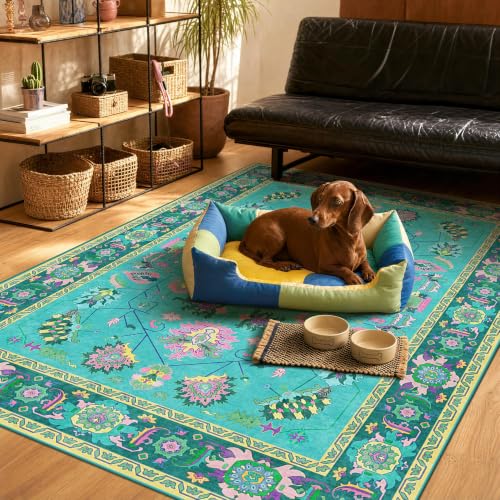 6x9 Vintage Botanical Turquoise Pink Oriental Washable Area Rug Living Room - color: Turquoise/Teal/Peony Pink/Yellow, size: 6' x 9' (Rectangular)