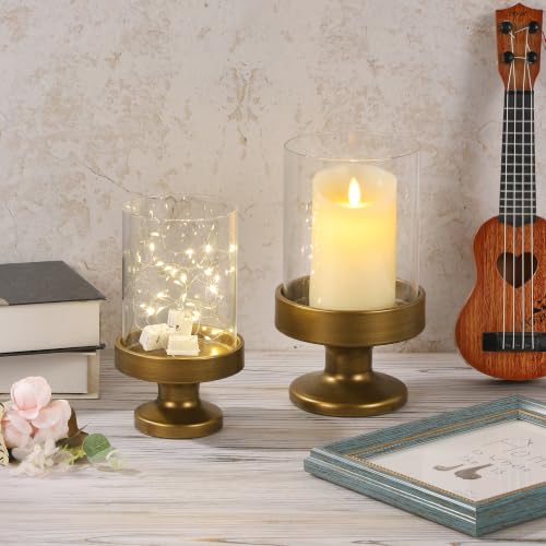Glass Hurricane Candle Holders and Glass Vase with Minimalism Metal Base in Antique Brass, Handmade and Sturdy Glass, Pillars, Flower Arrangement, Centerpiece, Dining Table (Antique Brass, 5"x8.5") - color: Antique Brass, size: 5"x8.5"