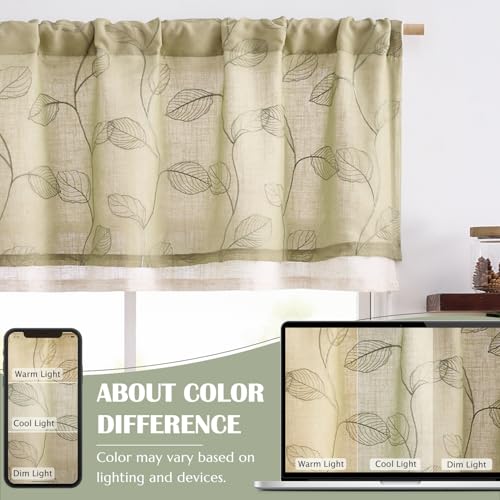 jinchan Linen Valance Curtain Green Sheer Leaf Embroidered 18 Inch 1 Panel - color: Leaf Sage Green
