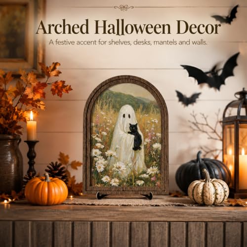 Ghost Black Cat Arched Wood Frame Tabletop Decor, Cute Halloween Wall Art - color: Color 16