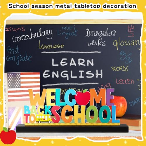 MiniInflat Welcome Back to School Metal Sign First Day of School Table Decor Metal Word Sign with Wooden Base for Classroom Teacher Party Favor Supplies Tiered Tray Decor Shelf Tabletop Decorations - style: Back to School