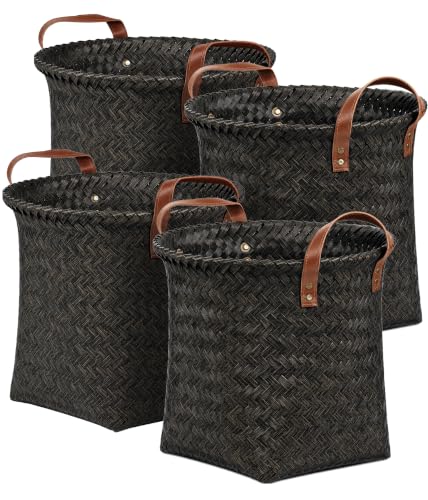 Wicker Storage Baskets, 4 Pack Woven Baskets for Shelves, Dark Gold - color: Round Dark Gold