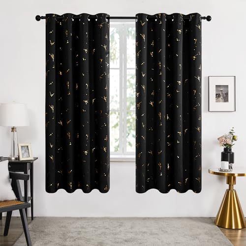 Deconovo Black Out Curtains 63 Inch Long, Curtains for Living Room Bedroom - color: Black/Floral Branch and Dots, size: 52"W x 63"L (Pack of 2)