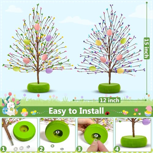 TURNMEON Easter Decorations 2 Pack Easter Tree with 14 Pastel Eggs Ornaments and Floral Berry Blossom, 15'' Tabletop Artificial Tree Easter Decor for Spring Party Table Centerpiece Room Home