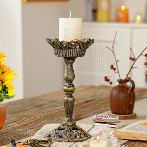 Sungmor Vintage Cast Iron Pillar Candle Holder, 8.5in Tall Black Gold - color: Black Gold