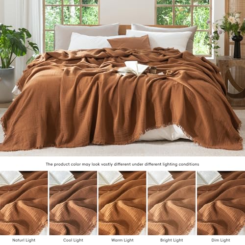 MooMee 100% Cotton Muslin Blanket Fringed 4-Layer Gauze Bed Throw, King - color: Drak Orange, size: King