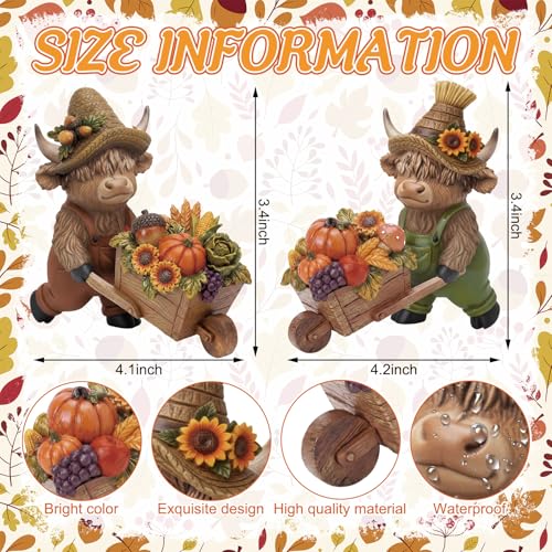 Karenhi 2 Pcs Fall Highland Cow Figurines, Harvest Wheelbarrow Decor - style: Harvest