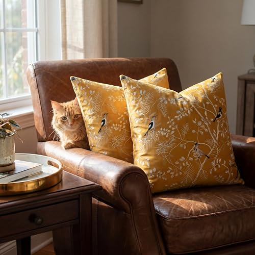 Decorative Velvet Pillow Covers 18x18 Set of 2, Bird Leaf Print Covers - color: Ochre
