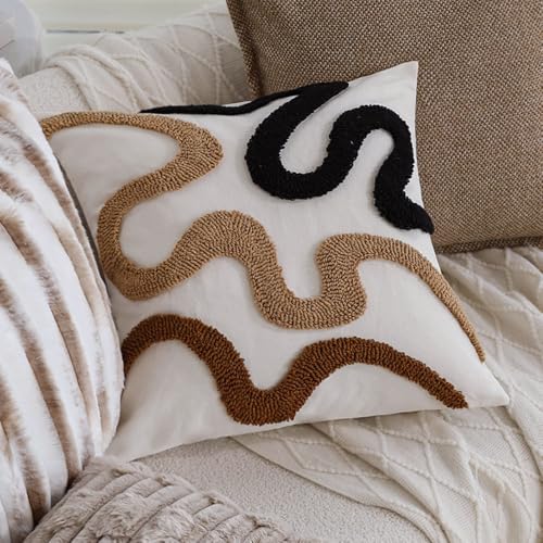 Pack of 2 Boho Tufted Throw Pillow Covers 18x18 Inch, Abstract Wavy Stripes 3D Textured Decorative Pillowcases Modern Squiggle Line Art for Couch Sofa, Black Tan Brown Tufting Durable Off-White Canvas