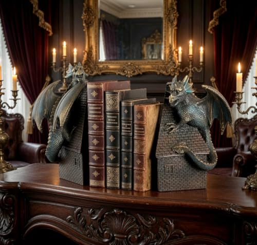 Bellaa Dragon Bookends Set of 2 - Heavy Duty Decorative Book Ends for Shelves, Medieval Gothic Castle Guardian, Non-Skid Resin 7.5" Vintage Bronze 28670
