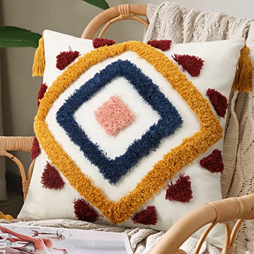 Merrycolor Boho Throw Pillow Covers 20 x 20 Modern Geometric Diamond Boho Pillows Decorative Throw Pillow Cases Yellow Blue Pink Soft Woven Tufted Pillow Cushion for Couch Sofa Bedroom Living Room - color: Yellow and Blue, size: 20" x 20" (Pack of 1)