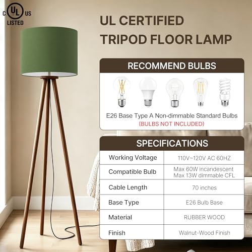 Buruis 60.6 Inch Walnut Wood Tripod Floor Lamp with Linen Drum Shade, Green - color: Green