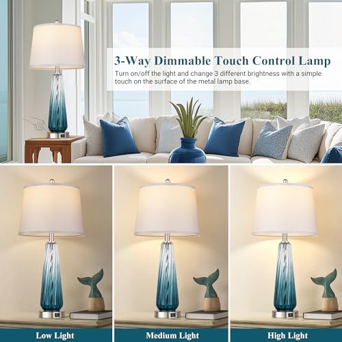 Table Lamps Set of 2 with Touch Control, Modern Glass Bedside Lamps with USB A+C Ports, 3-Way Dimmable Nightstand Lamp with White Fabric Shade, 27.5" Large Lamps for Living Room Bedrooms Decorations - color: Teal